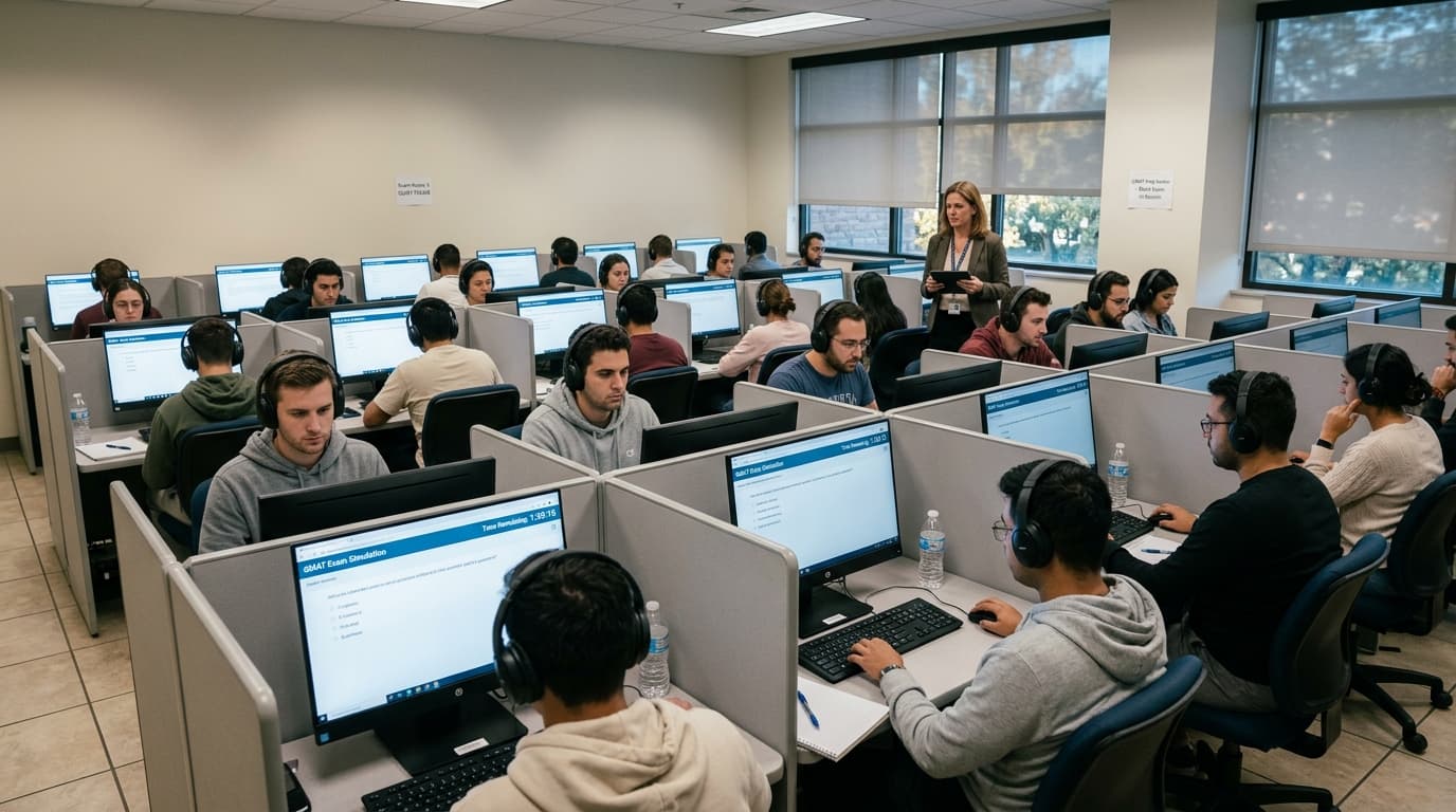 Quiet computer testing hall with GMAT aspirants taking timed computer-adaptive practice exams