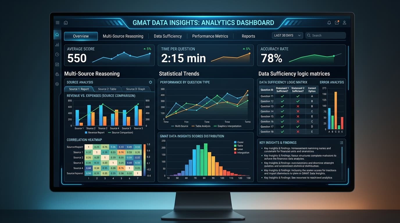 High-tech analytics dashboard displaying GMAT Data Insights tables, graphs, correlation heatmaps, and Data Sufficiency matrix