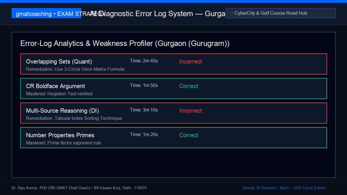 Question-by-question GMAT error log analysis dashboard for Gurgaon