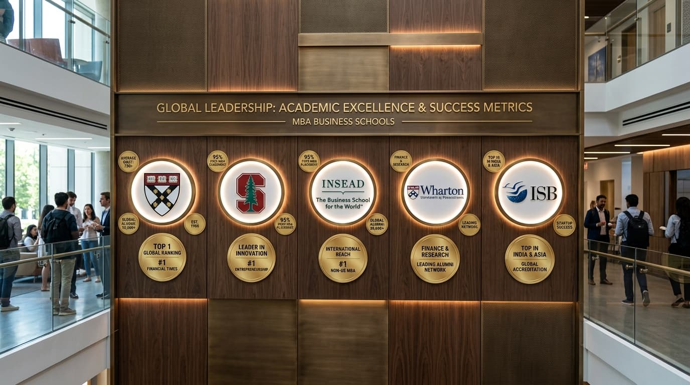 Feature wall showcasing alumni admissions to ISB, Harvard Business School, INSEAD, Stanford GSB, and Wharton