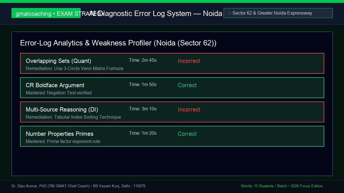 Question-by-question GMAT error log analysis dashboard for Noida