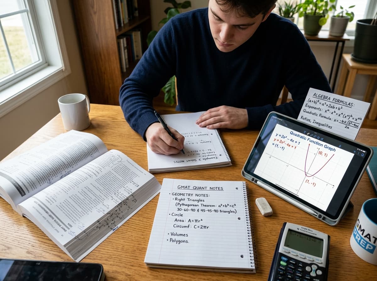 Student study desk with algebra formulas, geometry notes, and quadratic function graphs for GMAT Quant prep