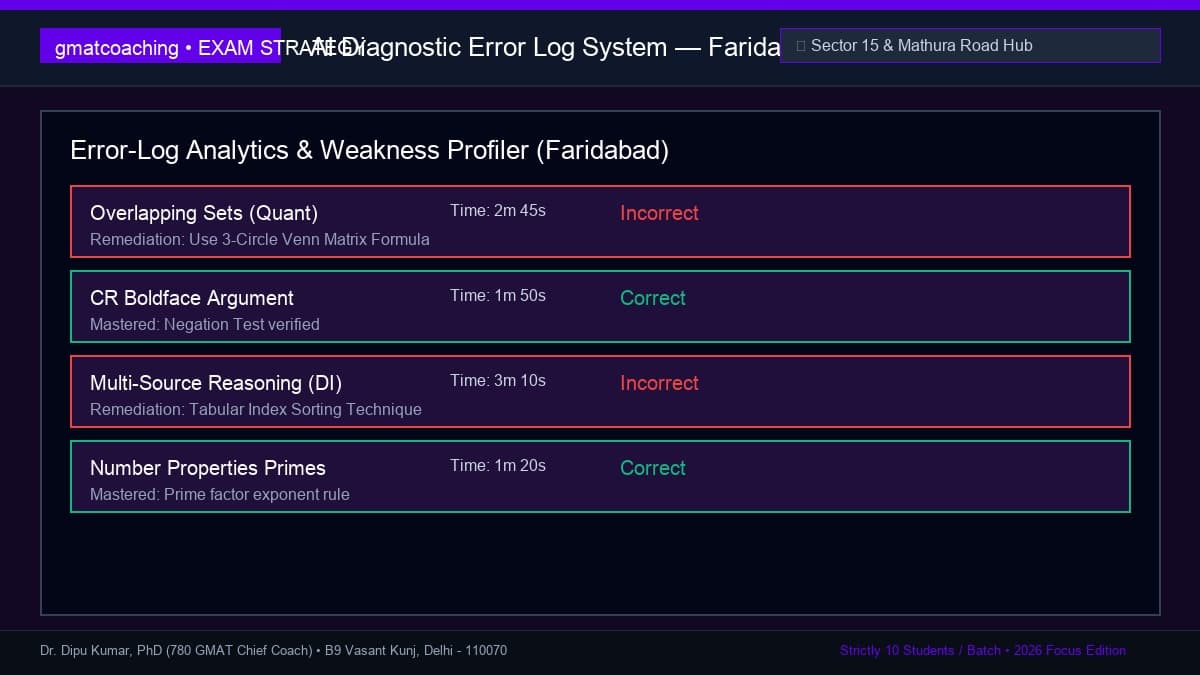 Question-by-question GMAT error log analysis dashboard for Faridabad