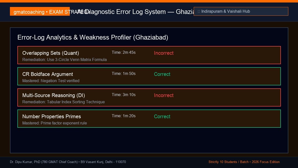 Question-by-question GMAT error log analysis dashboard for Ghaziabad